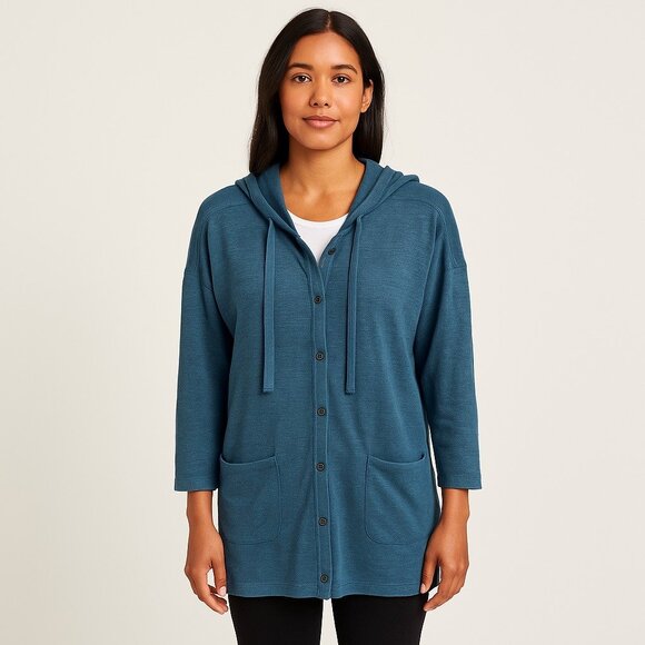 Wrap London Women’s Size US 4/6 Teal 100% Linen Hooded Button Front Cardigan - Picture 5 of 5